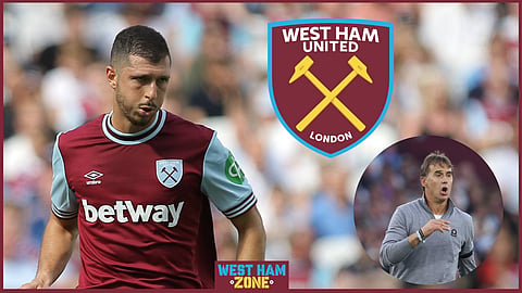 West Ham boss Julen Lopetegui and Guido Rodriguez (Credit: Imago).