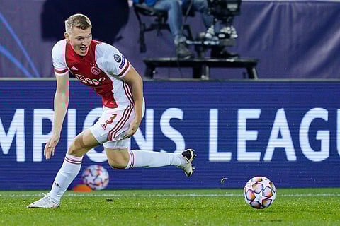 BERGAMO, ITALY - OCTOBER 27: Perr Schuurs of Ajax during the UEFA Champions League match between Atalanta Bergamo v Ajax at the Stadio Atleti Azzurri d Italia on October 27, 2020 in Bergamo Italy (Photo by Mattia Ozbot/Soccrates/Getty Images)