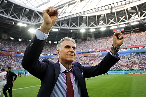 SAINT PETERSBURG, RUSSIA - JUNE 15: Carlos Queiroz, Head coach of Iran celebrates victory during the 2018 FIFA World Cup Russia group B match between Morocco and Iran at Saint Petersburg Stadium on June 15, 2018 in Saint Petersburg, Russia. (Photo by Jamie Squire - FIFA/FIFA via Getty Images)