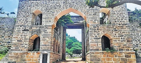 The gateway to Zaffargadh Fort in Jangaon district lies in a deplorable state