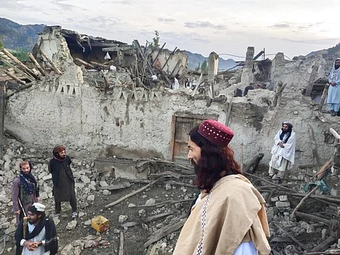 Afghans look at destruction caused by an earthquake in the province of Paktika, eastern Afghanistan. (Photo| AP)