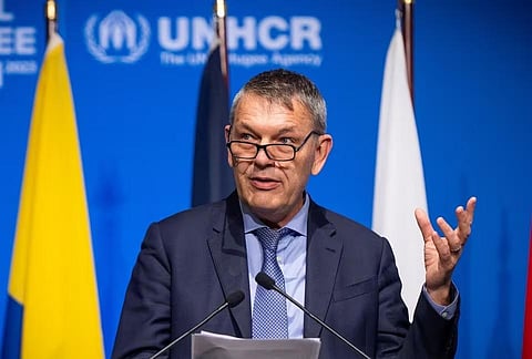 UNRWA Commissioner-General Philippe Lazzarini addresses the assembly on the opening day of the Global Refugee Forum, in Geneva on December 13, 2023. (Photo | AFP)