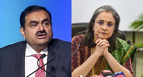 A collage of Adani Group chairman Gautam Adani (L) and SEBI Chairperson Madhabi Puri Buch (R).