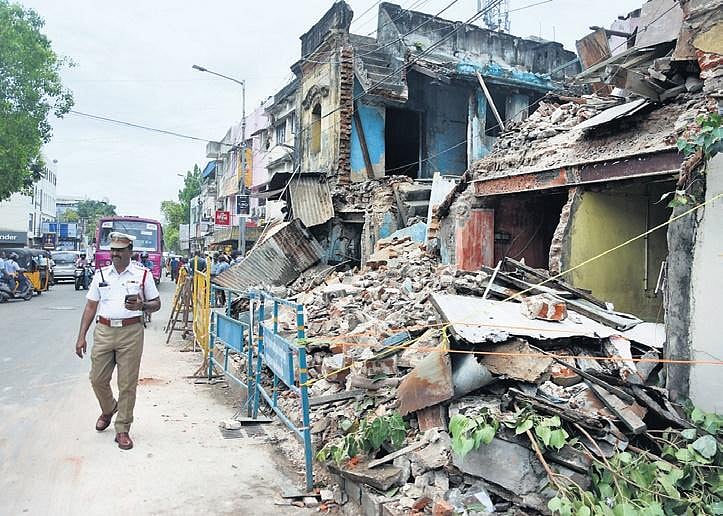 Building marked for demolition on Perambur Barracks Road in Chennai