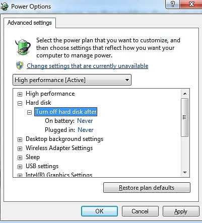 Power options for preventing HDD from going to sleep