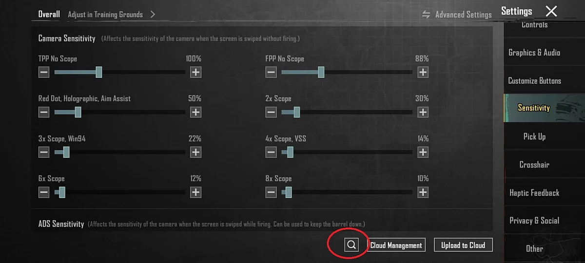 Tap on Sensitivity, and then under Sensitivity, tap on the magnifying glass icon located in the bottom right side of your screen.