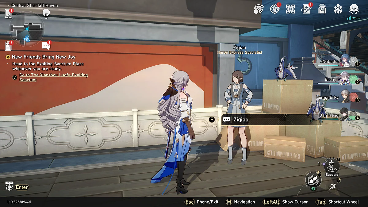 Ziqiao in Honkai Star Rail is standing behind two birds and a pile of card boxes.