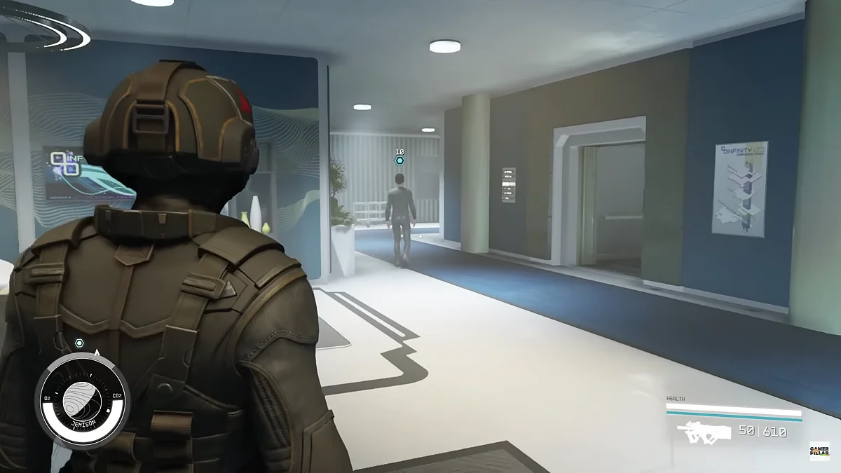 Wait for the receptionist, Aelys to leave before moving forward. 