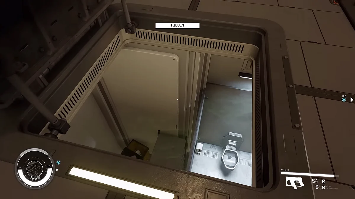 Drop down the vent nearby and you will find yourself in a bathroom.