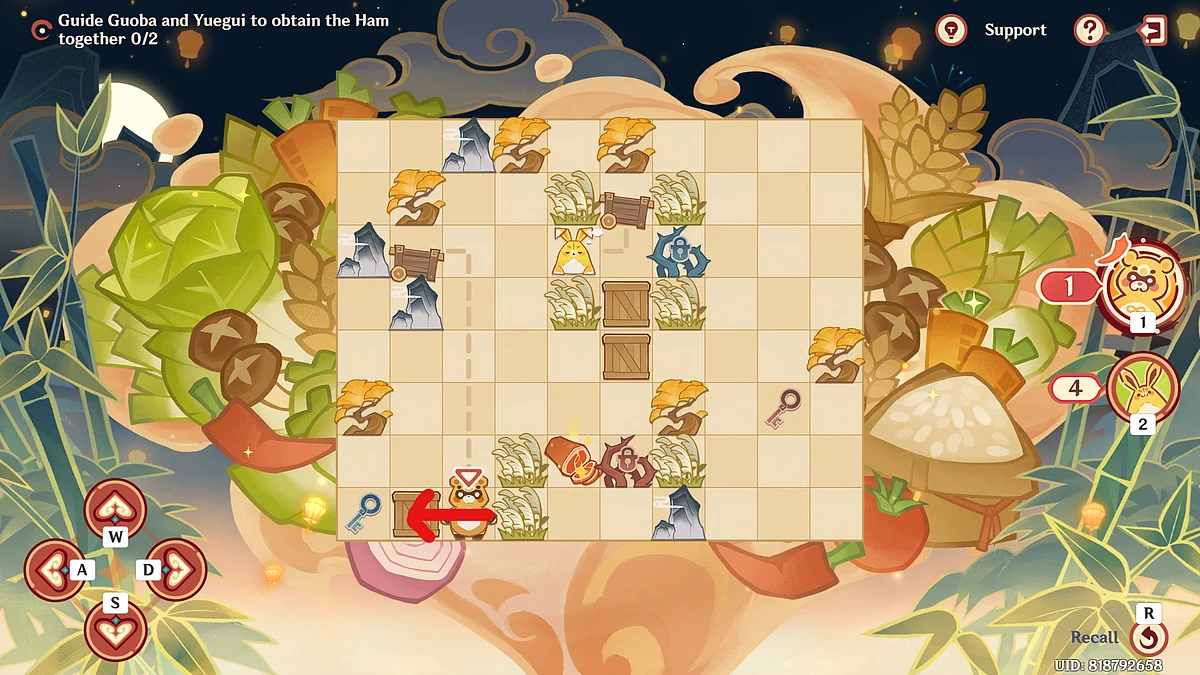 Have Guoba move the box down to the Blue Key to obtain it and remove the Blue Vine.