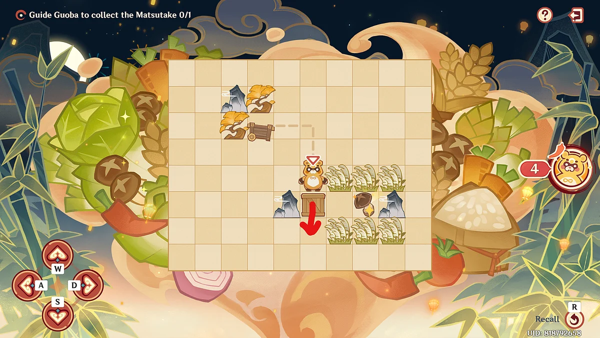 After pushing the crate down, walk towards the mushroom to collect it and complete the puzzle to obtain the rewards.