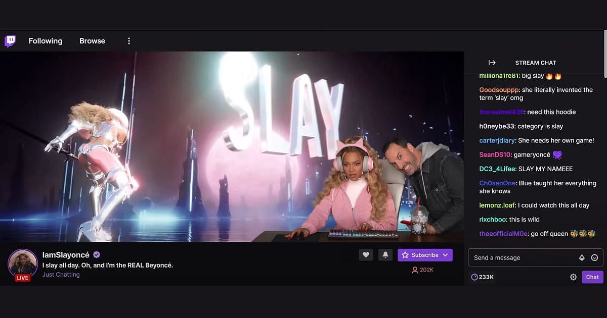 <div class="paragraphs"><p>In one of the Half Time commercials, Beyonce was shown streaming on a Twitch channel called "IamSlayonce" to break the internet.</p></div>