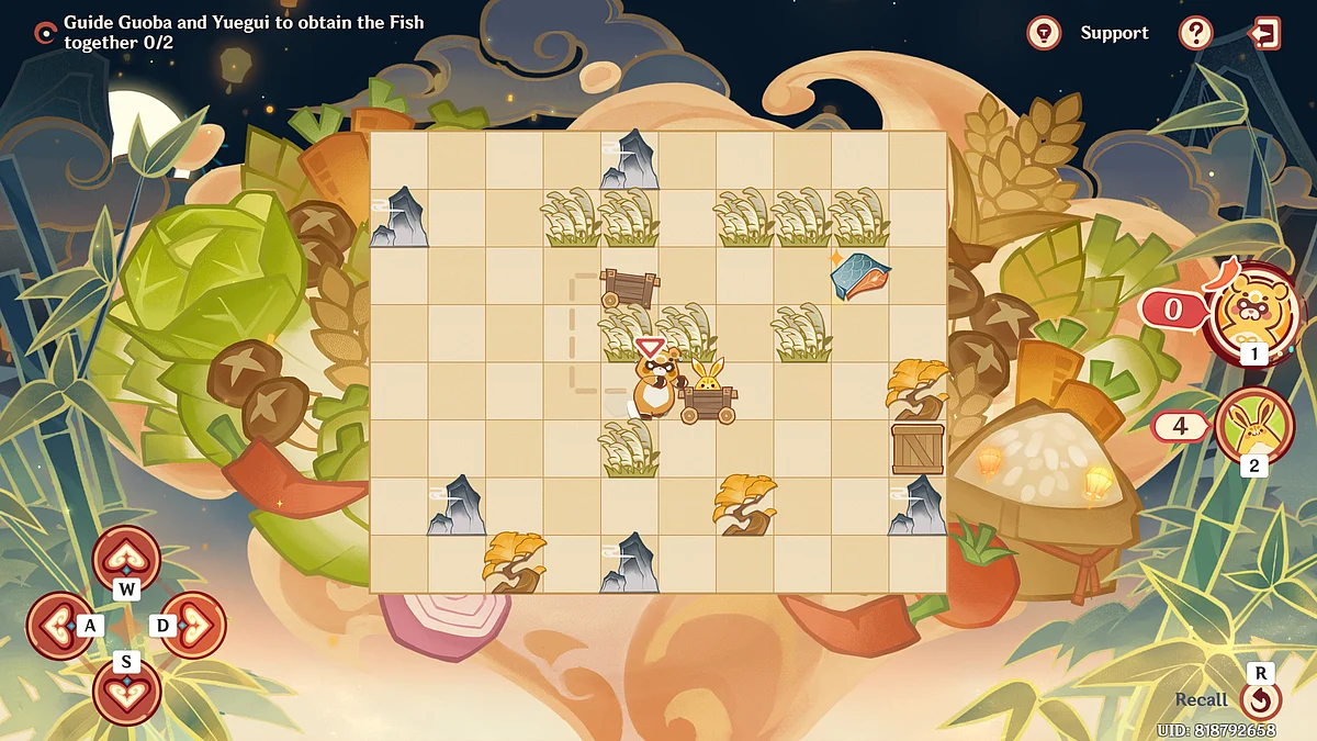 Control Guoba and push Yeugui's cart one block to the right.