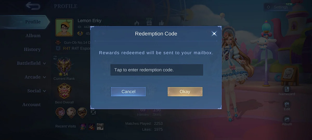 Type the redeem code for Mobile Legends and tap "Okay" to claim your rewards.