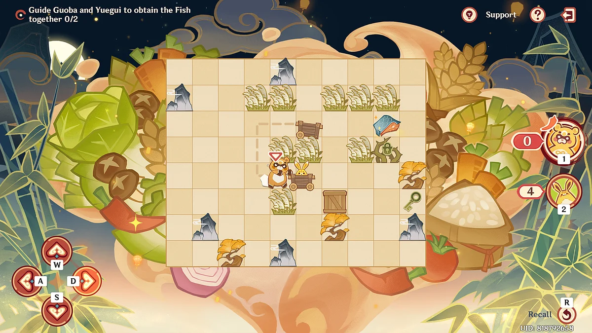 Have Guoba also push Yeugui's cart one block to the right, beside the nearest box.