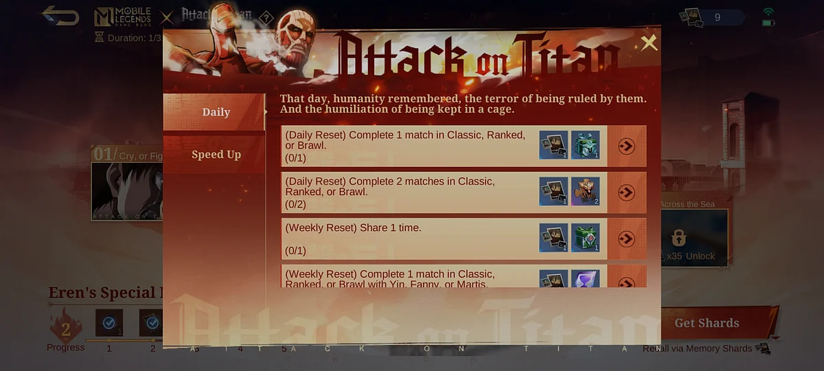 Unlocking each story chapter and completing all MLBB Attack on Titan answers will add points to the Eren’s Special Memories Milestone rewards.