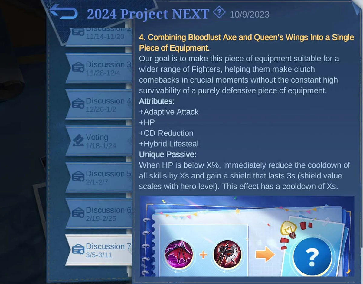 The effects of Bloodlust Axe and Queen’s Wings may be merged into one equipment.
