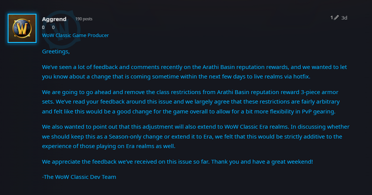 Blizzard Developers Confirm Arathi Basin Items Change in WoW Season of Discovery