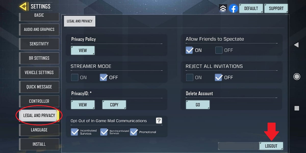Scroll to the Legal and Privacy tab to log out of Call of Duty Mobile.