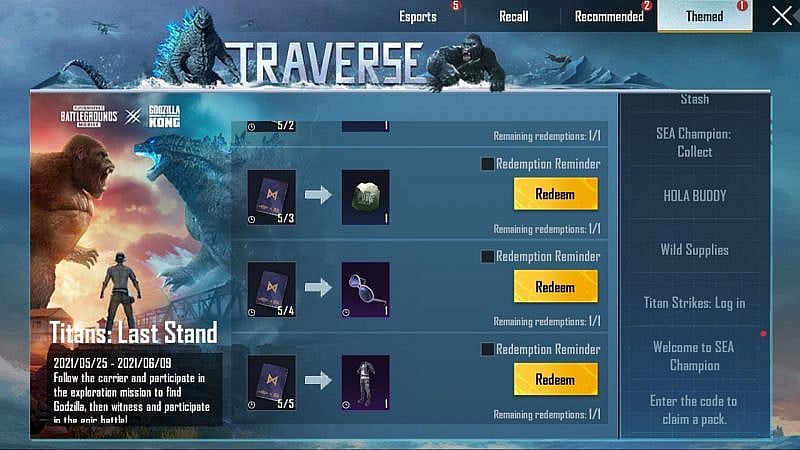 PUBG Mobile: Godzilla vs Kong Redeem Codes
