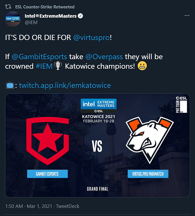 Gambit Esports Defeats Virtus.pro to Win IEM Katowice 2021