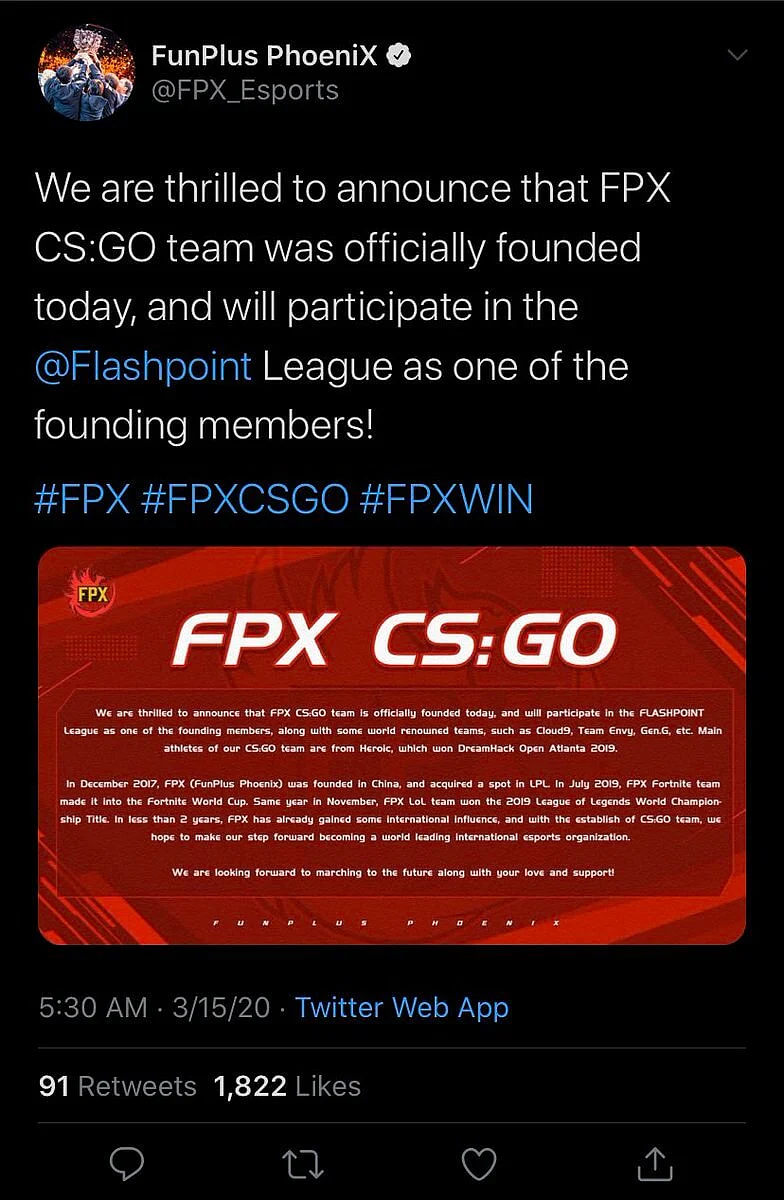 FunPlus Phoenix Deletes all Tweets Related to CS:GO and FLASHPOINT