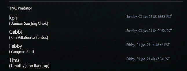 Febby Added As A Player For TNC On Majors Registration Page