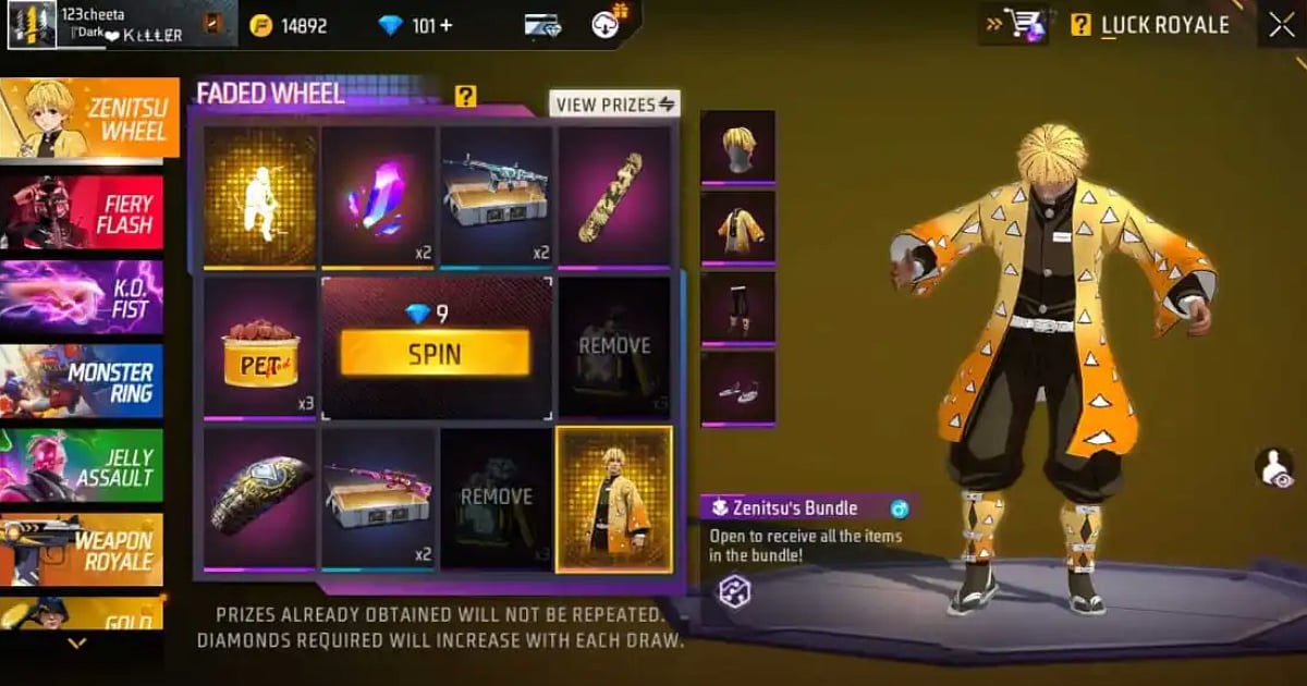 Free Fire Zenitsu Wheel Guide: Get Zenitsu Bundle and Emote