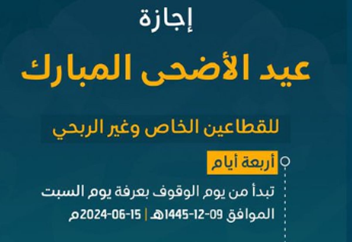 «الموارد البشرية» تعلن موعد إجازة عيد الأضحى للقطاعين الخاص وغير الربحي «الموارد البشرية» تعلن موعد إجازة عيد الأضحى للقطاعين الخاص وغير الربحي
