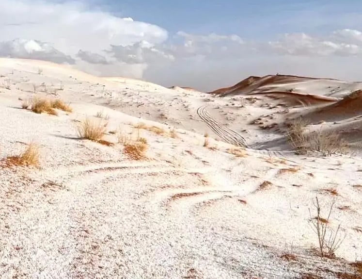 منطقة الجوف تكتسي بالبياض بسبب البرد