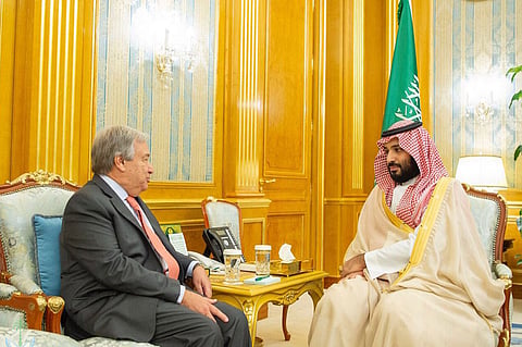 ولي العهد يؤكد لغوتيريس حرص المملكة على استقرار اليمن
