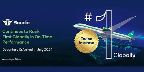 Saudia, the national flag carrier of Saudi Arabia, continues to top the global list for on-time performance (OTP), achieving this milestone for the second time consecutively, according to a report by the independent aviation tracking site, Cirium, for July 2024