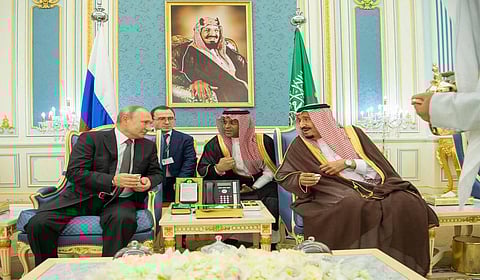 Saudi King Salman, right, meets with Russian President Vladimir Putin, left, at the Saudi Royal palace in Riyadh, Saudi Arabia.