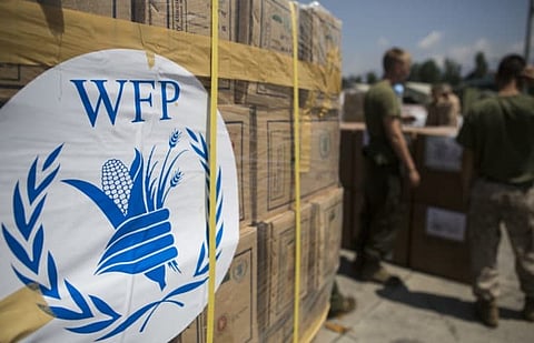 Relief supplies from the World Food Programme are staged to be loaded onto an MV-22 Osprey at Tribhuvan International Airport, Kathmandu, Nepal, May 14, in order to be delivered to remote locations during Operation Sahayogi Haat. Joint Task Force 505 along with other multinational forces and humanitarian relief organizations are currently in Nepal providing aid after a 7.8 magnitude earthquake struck the country, April 25 and a 7.3 earthquake on May 12. At Nepal’s request the U.S. government ordered JTF 505 to provide unique capabilities to assist Nepal. (U.S. Marine Corps photo by MCIPAC Combat Camera Staff Sgt. Jeffrey D. Anderson/Released)