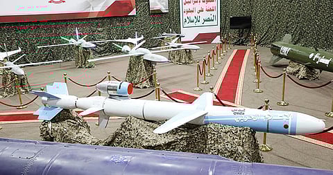 Missiles and drone aircrafts are seen on display at an exhibition at an unidentified location in Yemen in this undated handout photo released by the Houthi Media Office
(photo credit: HOUTHI MEDIA OFFICE/HANDOUT VIA REUTERS)