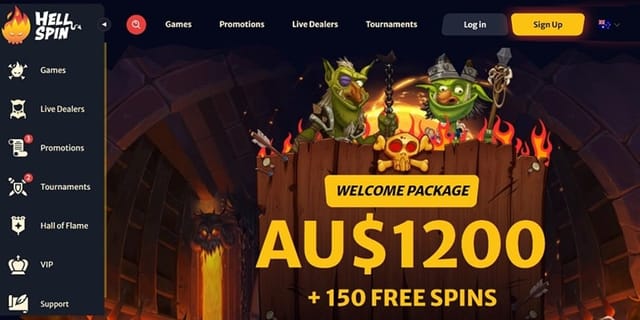 Hellspin Casino digital interface showing game lobby and login panel