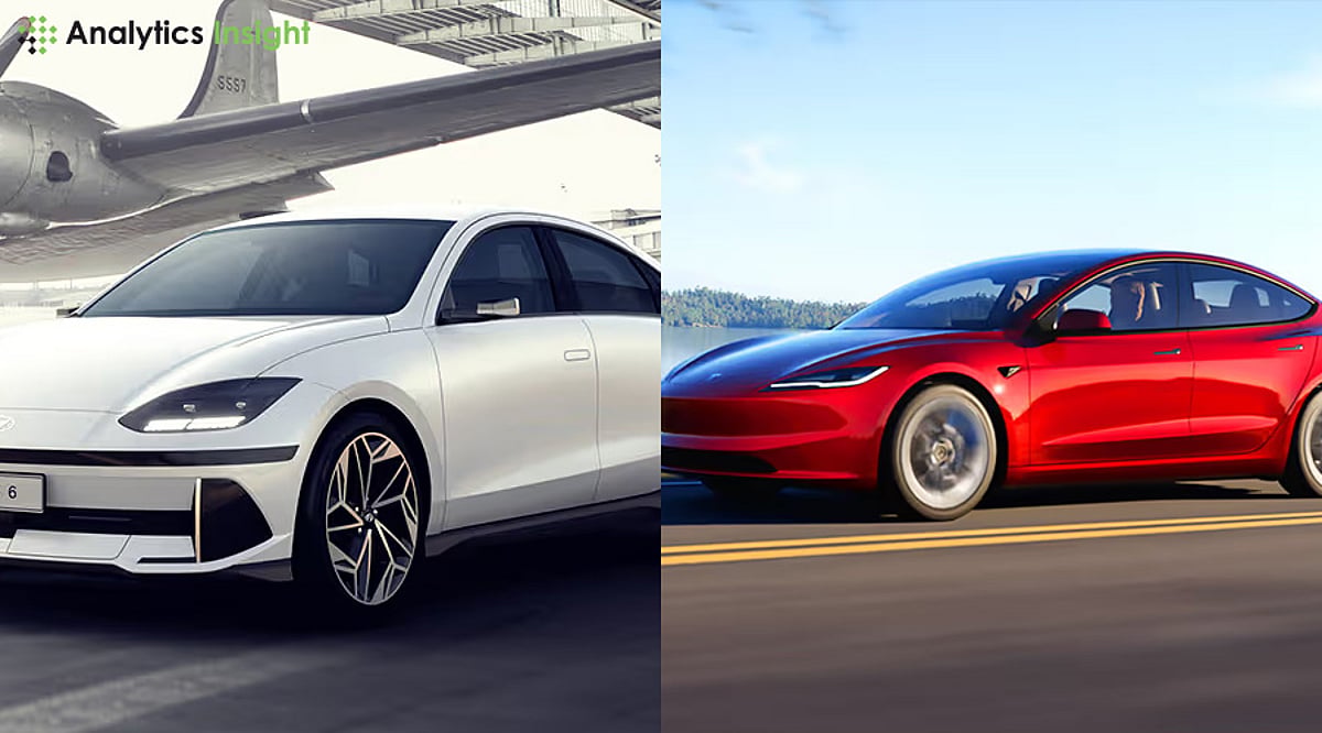 Comparison image of Tesla Model 3 and Hyundai Ioniq 6 in a side-by-side style