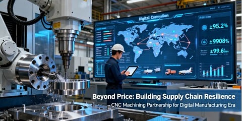 Smart factory scene showing 5-axis CNC machining aerospace components with real-time supply chain monitoring, demonstrating 99.8% on-time delivery and ±0.008mm tolerance accuracy in digital manufacturing environment