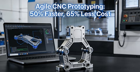 A precision CNC machined aluminum prototype part on a designer's desk, with CAD software and a 5-axis CNC machine in the background, illustrating the agile manufacturing process.