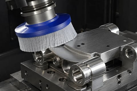 Spindle-mounted disc brush contacting the edge of a clamped metal workpiece.