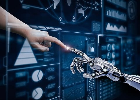 connection concept with human finger connect to 3d rendering robot finger