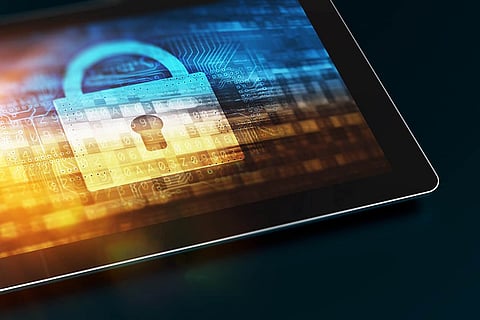 Secured Mobile Device. Tablet Computer with Security Concept on the Screen. Closed Padlock Concept. Mobile Technology Security.