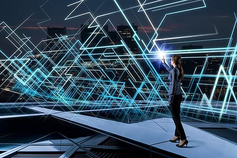 Young woman and system network concept.