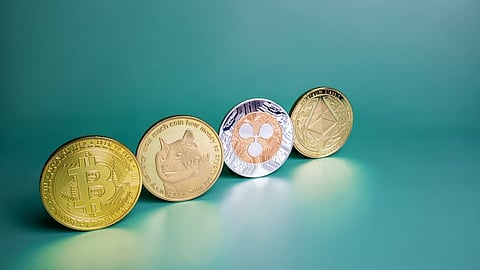Bitcoin, Ripple XRP, Dogecoin, Ethereum crypto coins row on green background. Popular cryptocurrencies banner (Bitcoin, Ripple XRP, Dogecoin, Ethereum crypto coins row on green background. Popular cryptocurrencies banner, ASCII, 110 components, 110 by