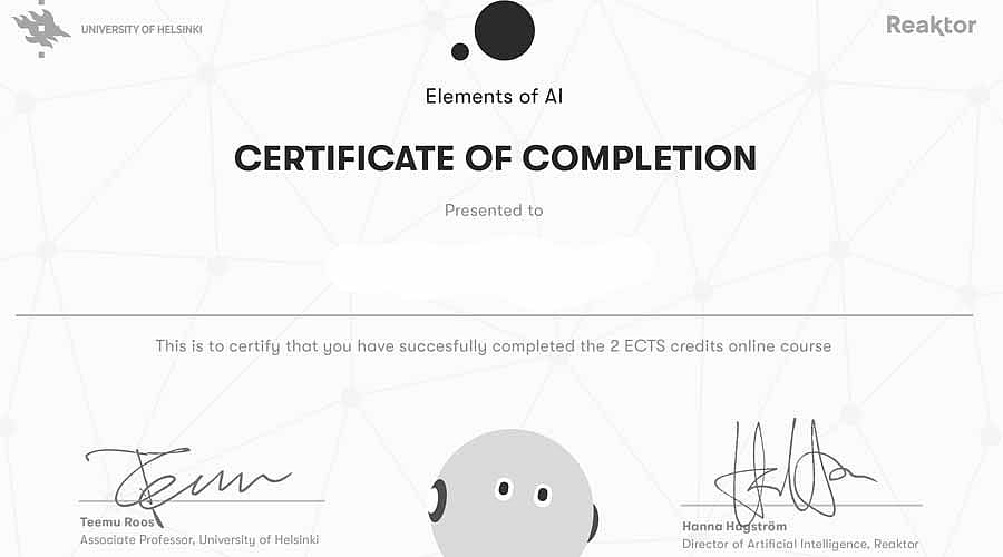 Elements of AI Certified by the University of Helsinki and Reaktor