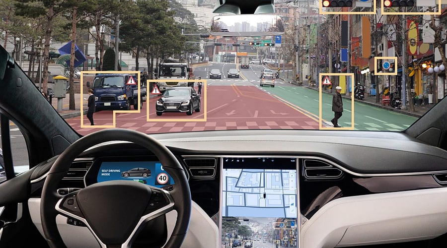Self-driving systems process cameras, sensors, maps, and road conditions simultaneously