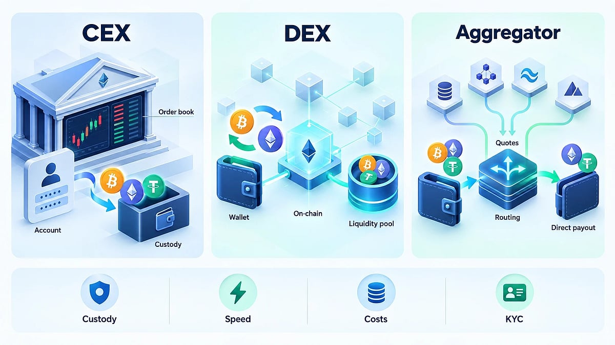 Aggregator vs Exchange vs DEX: Where to Swap Crypto in 2026