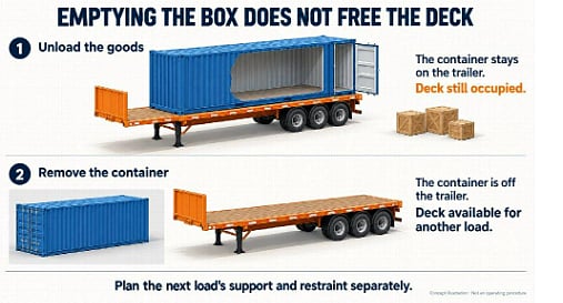 AI-generated concept illustration. Emptying a container leaves the deck occupied; removing the box makes the deck available for planning another load. This is not an operating procedure.