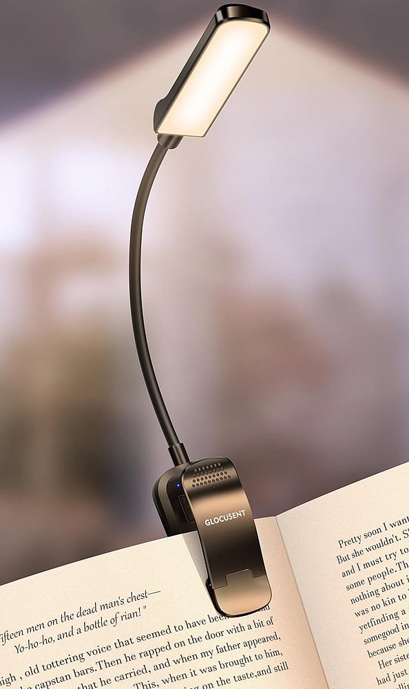 Glocusent USB Rechargeable Book Light offers three amber light modes, five brightness levels, and up to 80 hours of battery life for portable reading.