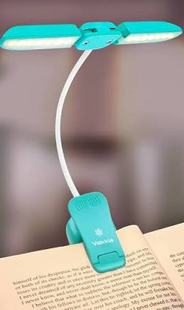 Vekkia 14 LED Rechargeable Book Light features a flexible gooseneck, five brightness levels, and three warm colour tones for bedtime reading.